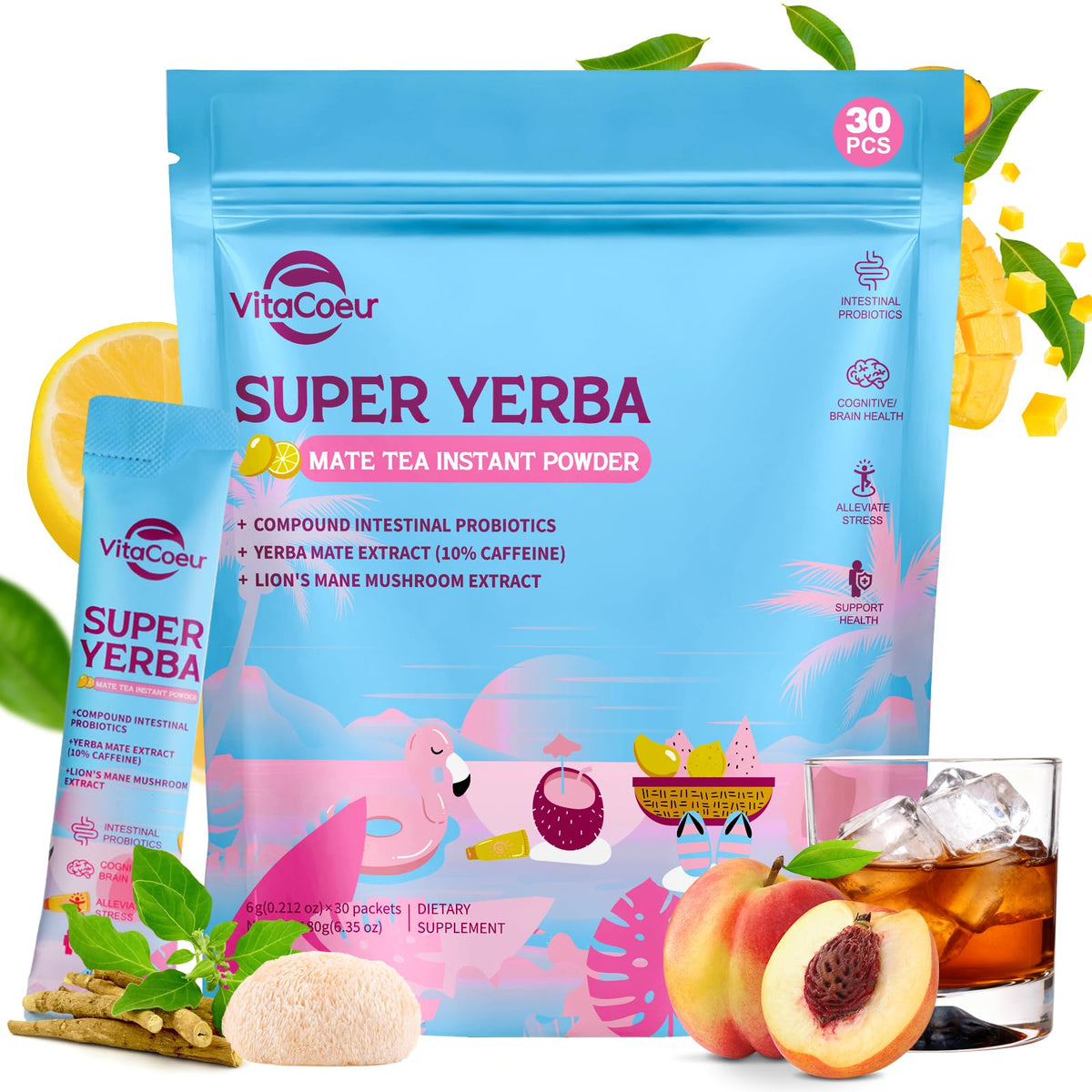 VitaCoeur Yerba Mate Instant Tea Powder with Nootropics – Peach Mango, Sugar-Free, 30 Servings