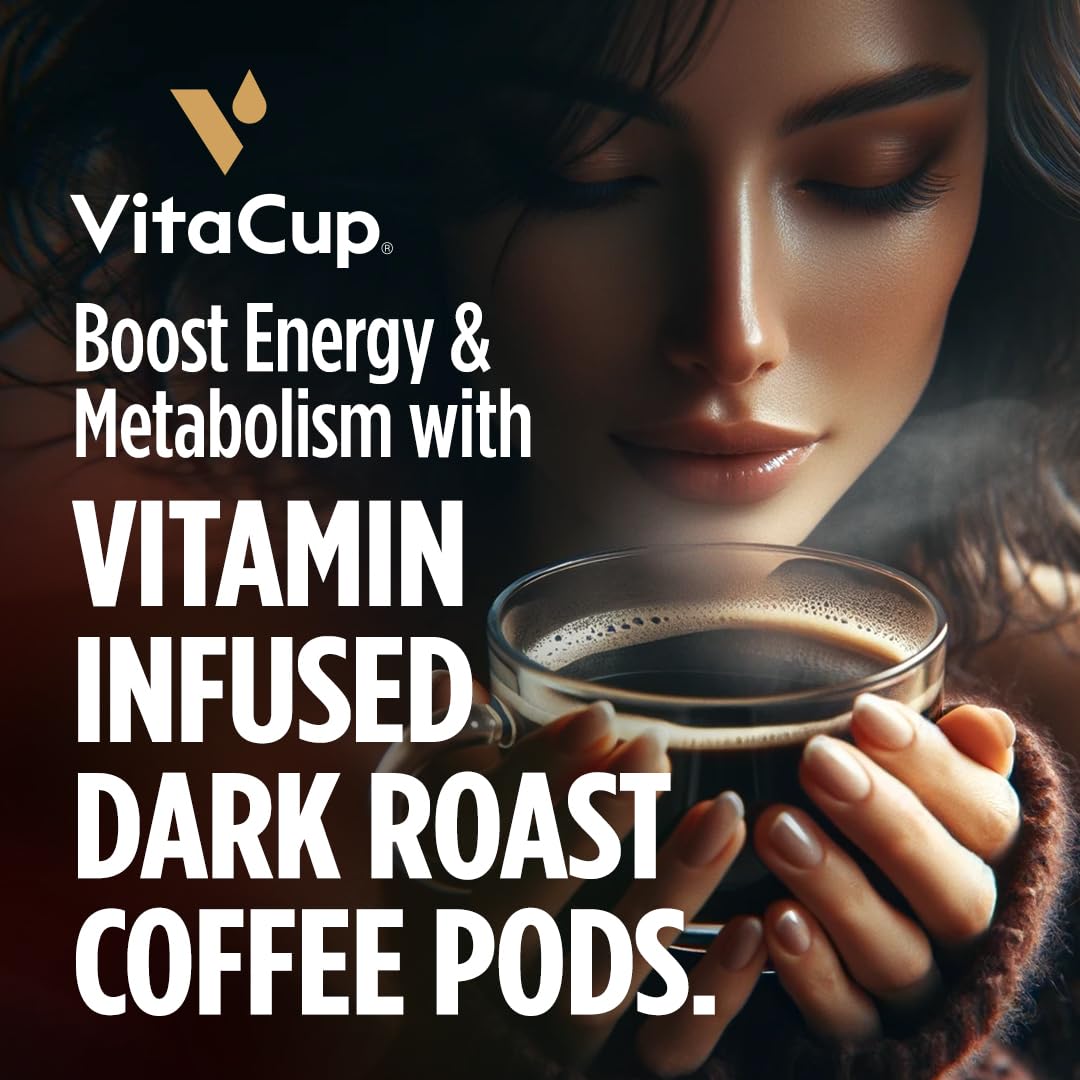 VitaCup Energy Dark Roast Coffee Pods – 16 Ct, 100% Arabica, Vitamin-Infused, Keurig Compatible
