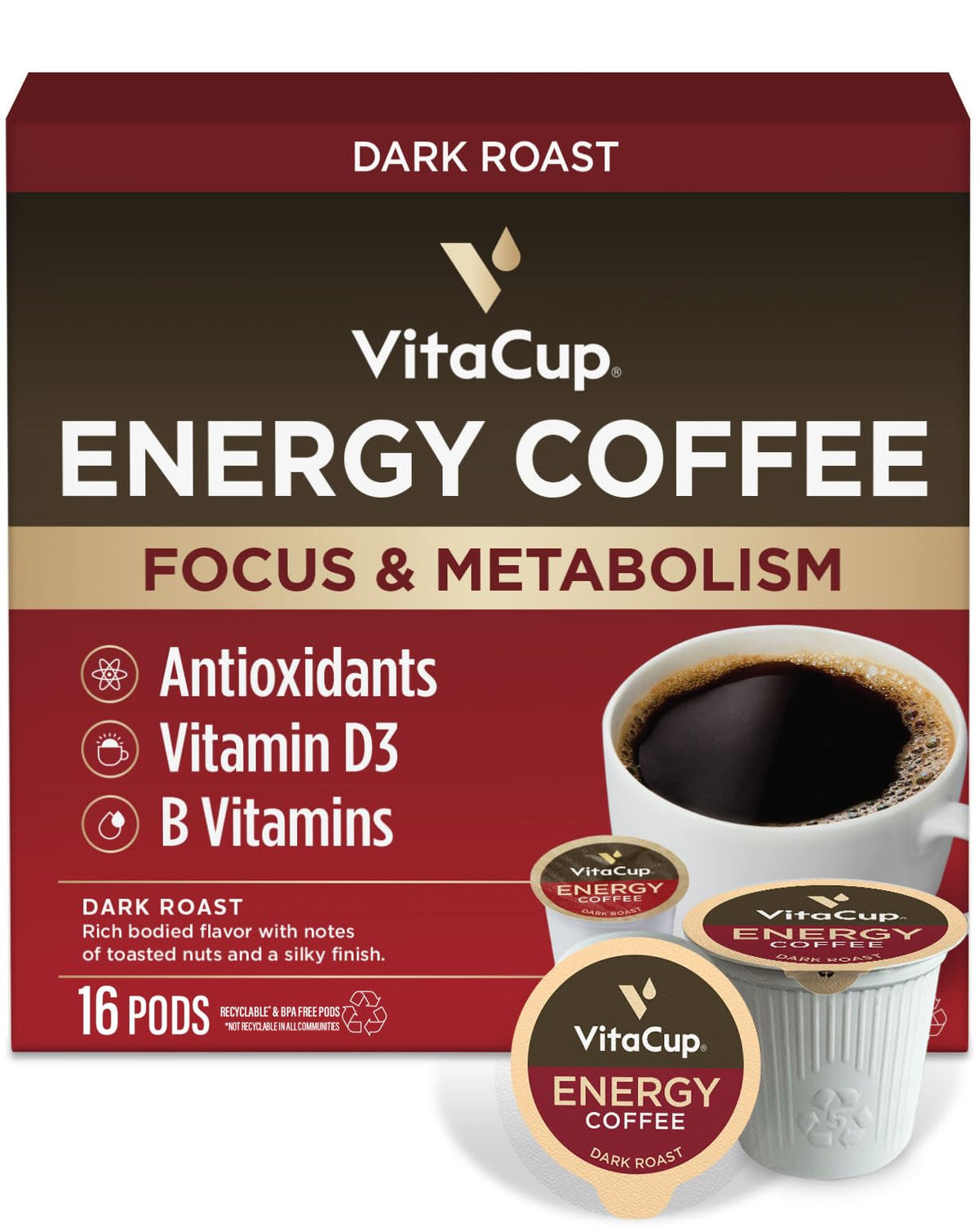 VitaCup Energy Dark Roast Coffee Pods – 16 Ct, 100% Arabica, Vitamin-Infused, Keurig Compatible