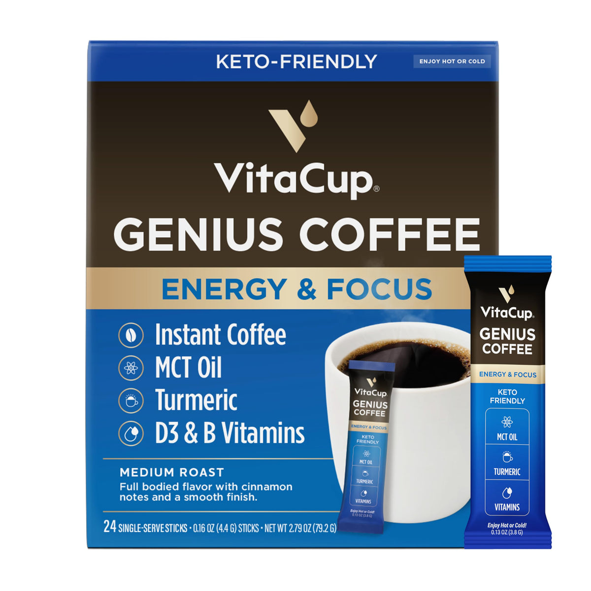 VitaCup Genius Instant Coffee Packets – Keto Coffee with MCT Oil, Turmeric & B Vitamins (24 Sticks)