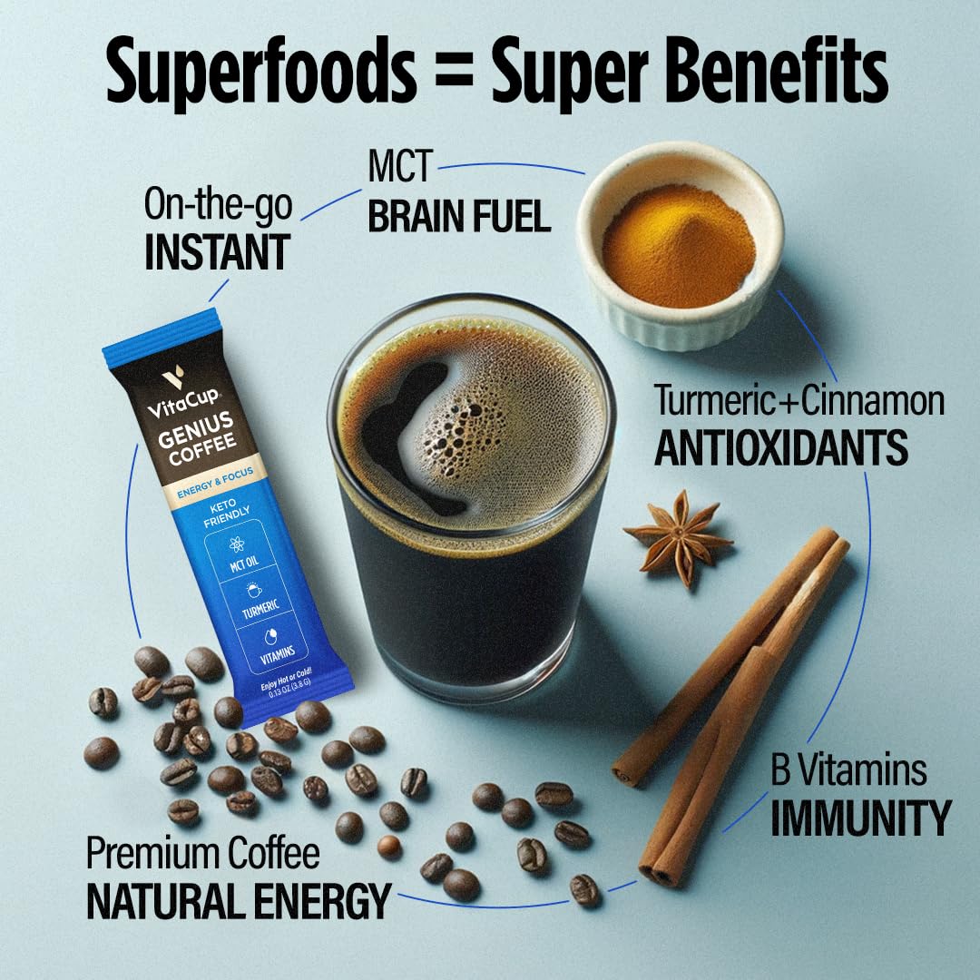 VitaCup Genius Instant Coffee Packets – Keto Coffee with MCT Oil, Turmeric & B Vitamins (24 Sticks)