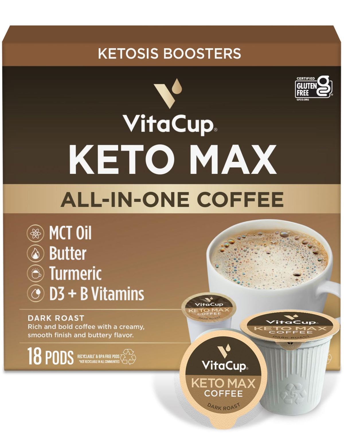 VitaCup Keto Max Dark Roast Coffee Pods — All-In-One Keto Coffee with Butter, MCT Oil, Turmeric, B Vitamins & D3 | Keurig K-Cup Compatible, 18 Ct