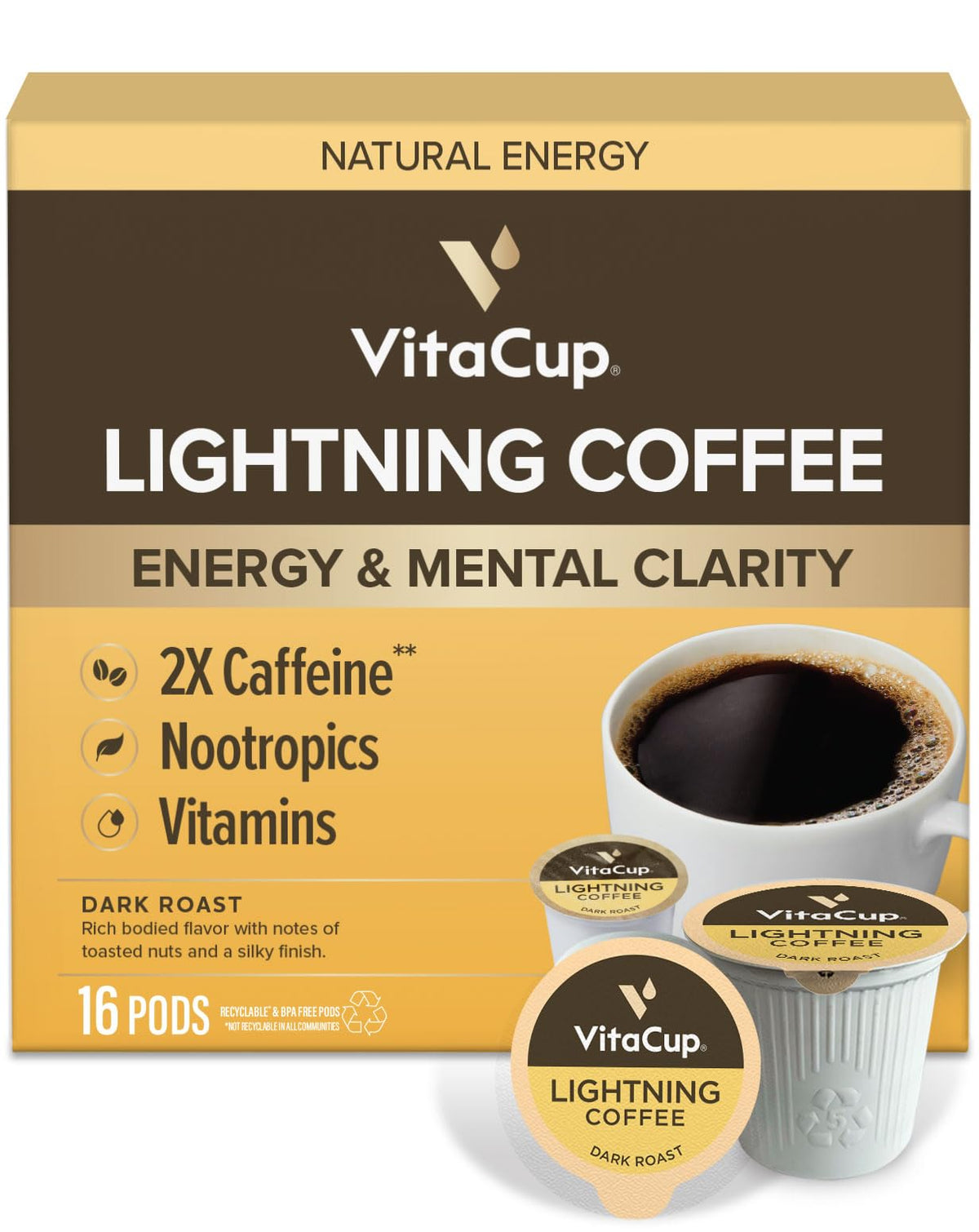 VitaCup Lightning Coffee Pods — Double Caffeine, Green Coffee Bean, B Vitamins, D3 | Keurig K-Cup Compatible, 16 Ct