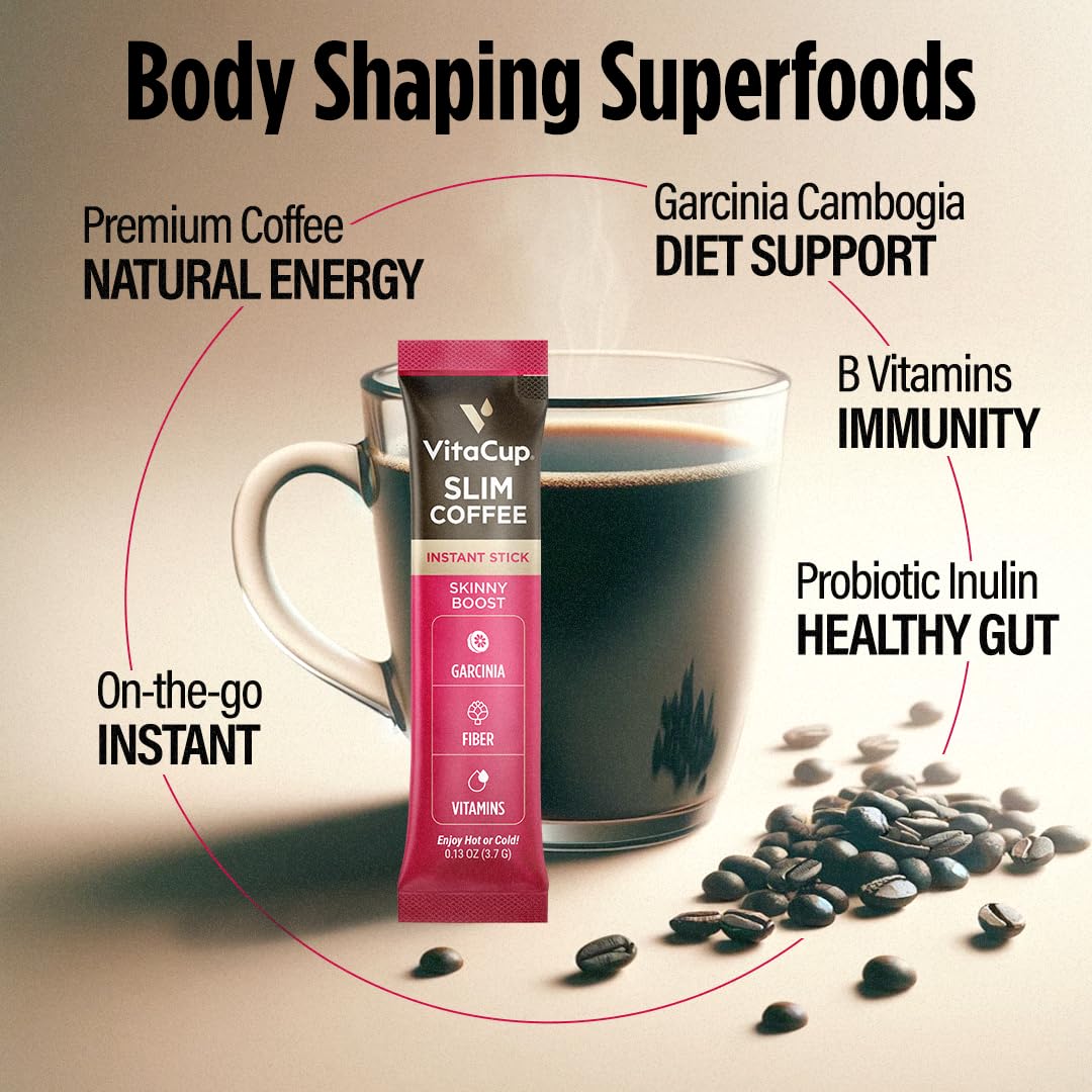 VitaCup Slim Instant Coffee Packets with Garcinia, Fiber & B Vitamins — 24 ct, Medium Dark Roast