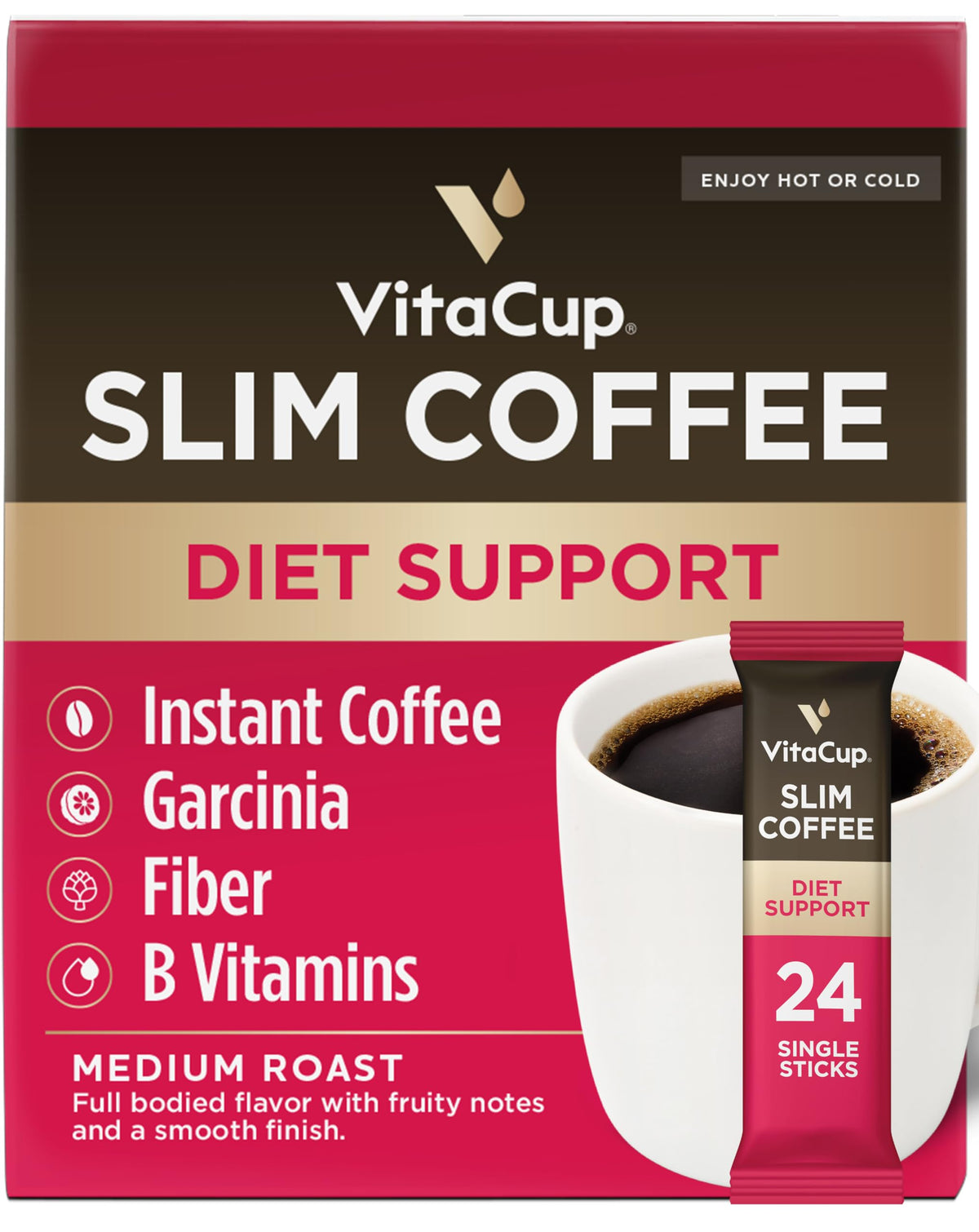 VitaCup Slim Instant Coffee Packets with Garcinia, Fiber & B Vitamins — 24 ct, Medium Dark Roast