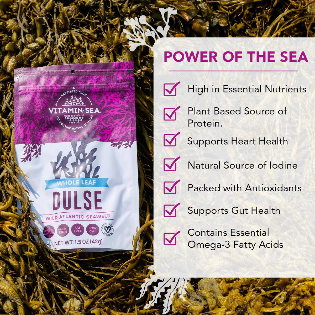 VITAMINSEA Dulse Dried Seaweed - Whole Leaf, Wild North Atlantic, Snacking & Seasoning (4 oz)