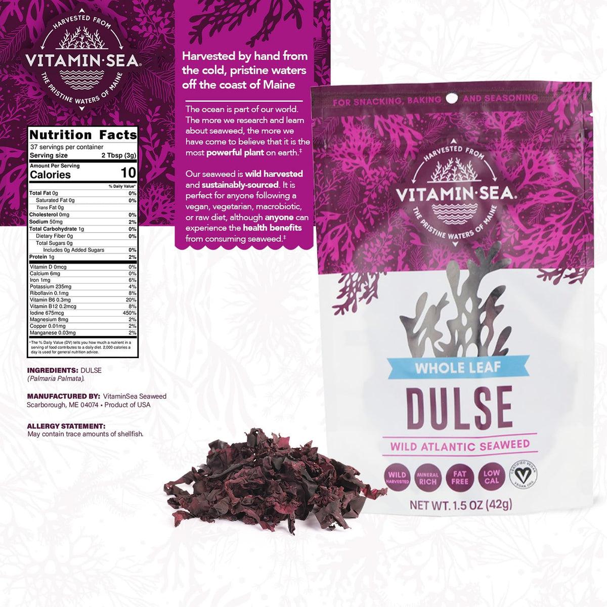 VITAMINSEA Dulse Dried Seaweed - Whole Leaf, Wild North Atlantic, Snacking & Seasoning (4 oz)