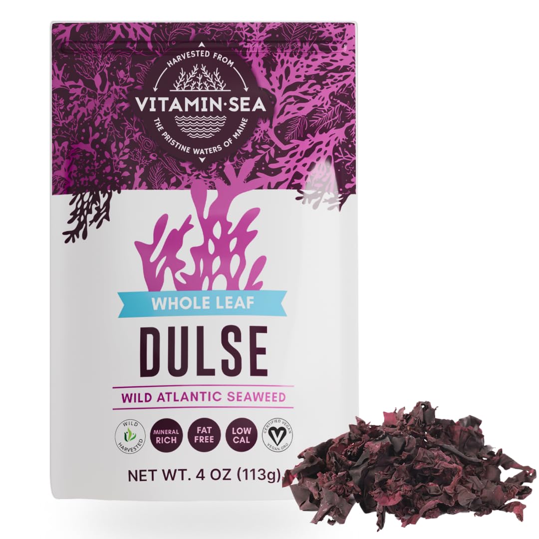VITAMINSEA Dulse Dried Seaweed - Whole Leaf, Wild North Atlantic, Snacking & Seasoning (4 oz)