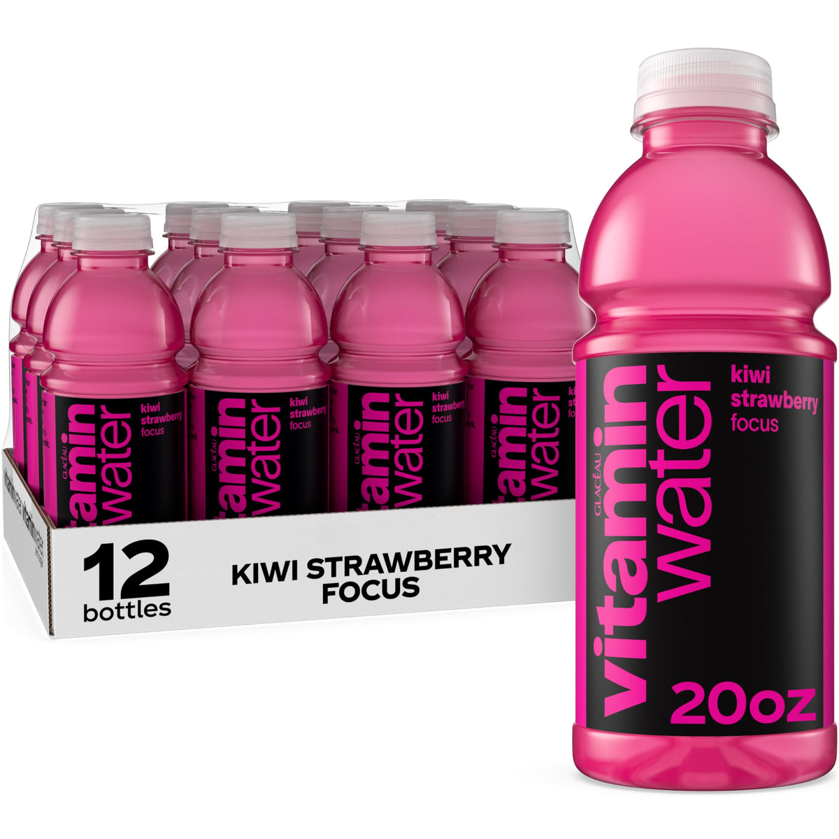 Vitaminwater Focus Kiwi Strawberry – Nutrient-Enhanced Flavored Water, 20 oz Bottle, 12 Pack