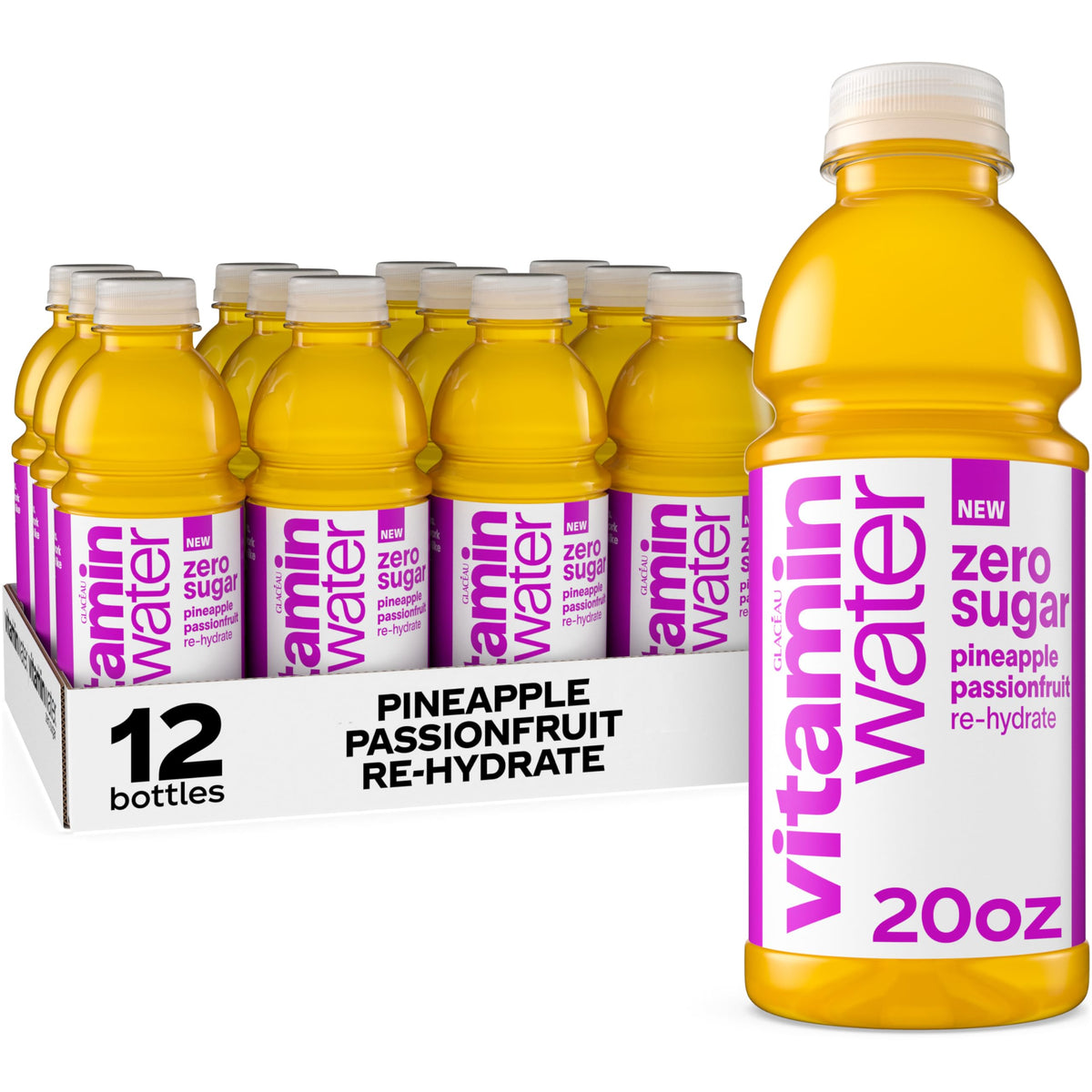 Vitaminwater Zero Sugar Pineapple Passionfruit Re-hydrate – 20 oz Bottle, 12 Pack