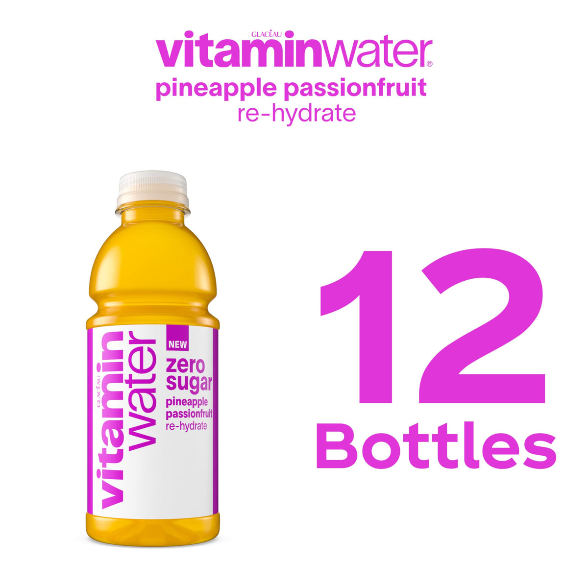 Vitaminwater Zero Sugar Pineapple Passionfruit Re-hydrate – 20 oz Bottle, 12 Pack