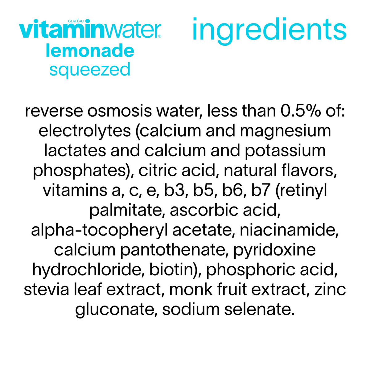Vitaminwater Zero Sugar Squeezed Lemonade – Nutrient Enhanced Flavored Water, 20 fl oz Bottles, 12 Pack
