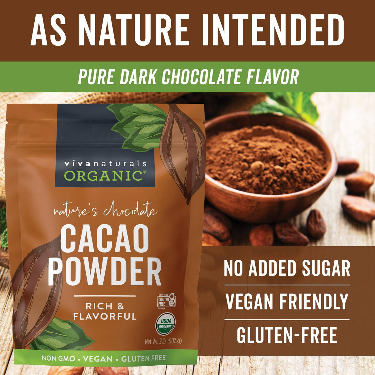 Viva Naturals Organic Cacao Powder, Unsweetened, 2 lb (907 g) – Rich Dark Chocolate Flavor for Baking, Smoothies & More