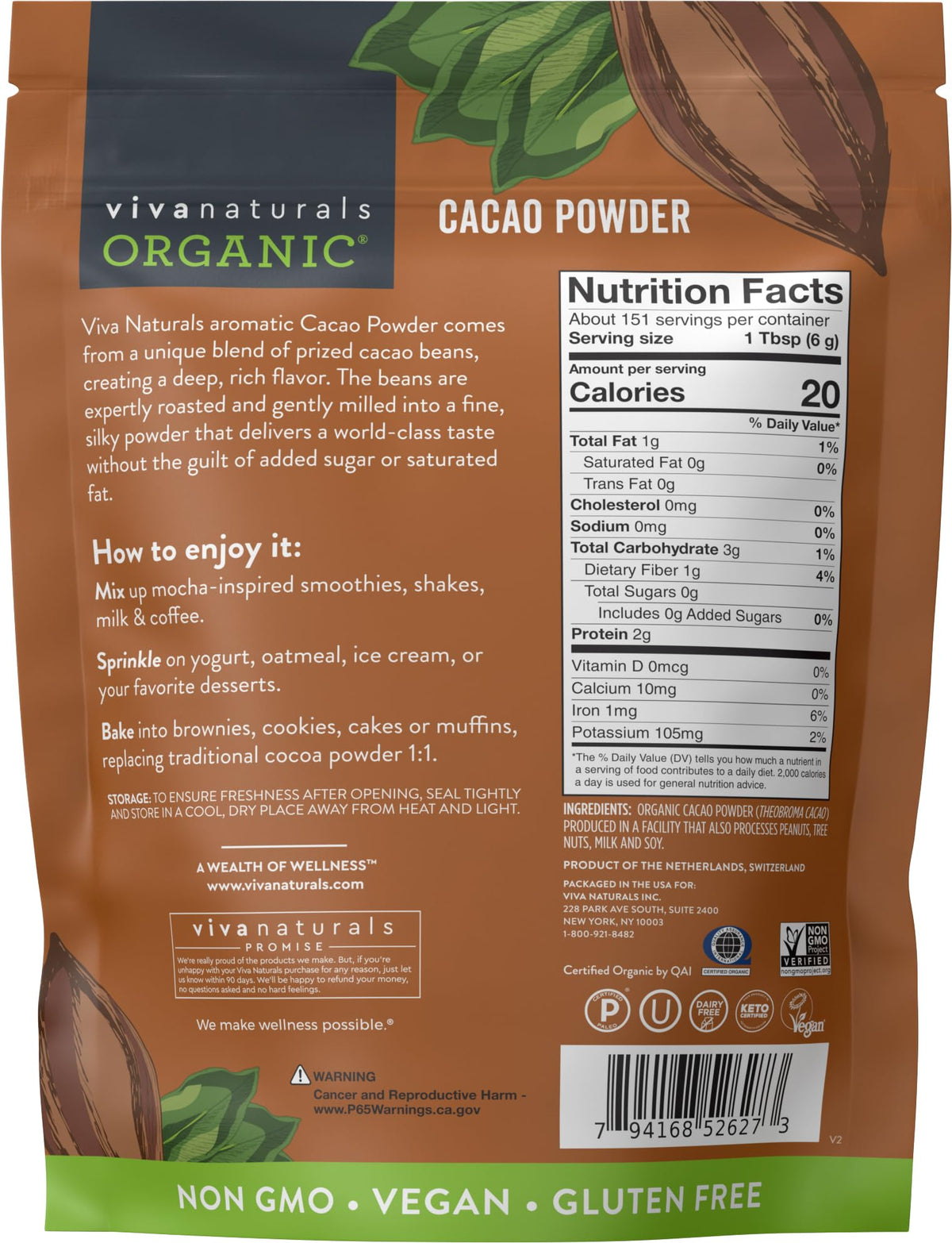 Viva Naturals Organic Cacao Powder, Unsweetened, 2 lb (907 g) – Rich Dark Chocolate Flavor for Baking, Smoothies & More