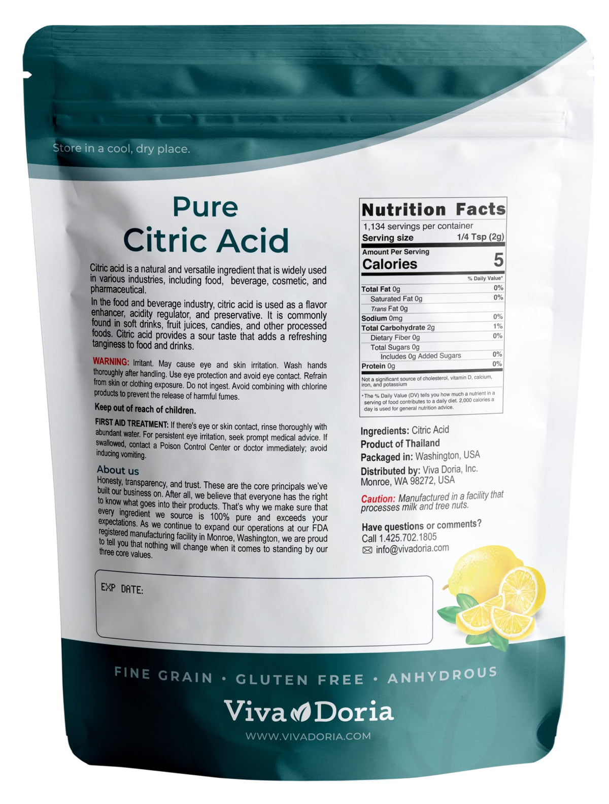 Viva Doria 100% Pure Citric Acid – Food Grade, Fine Grain, 5 lb