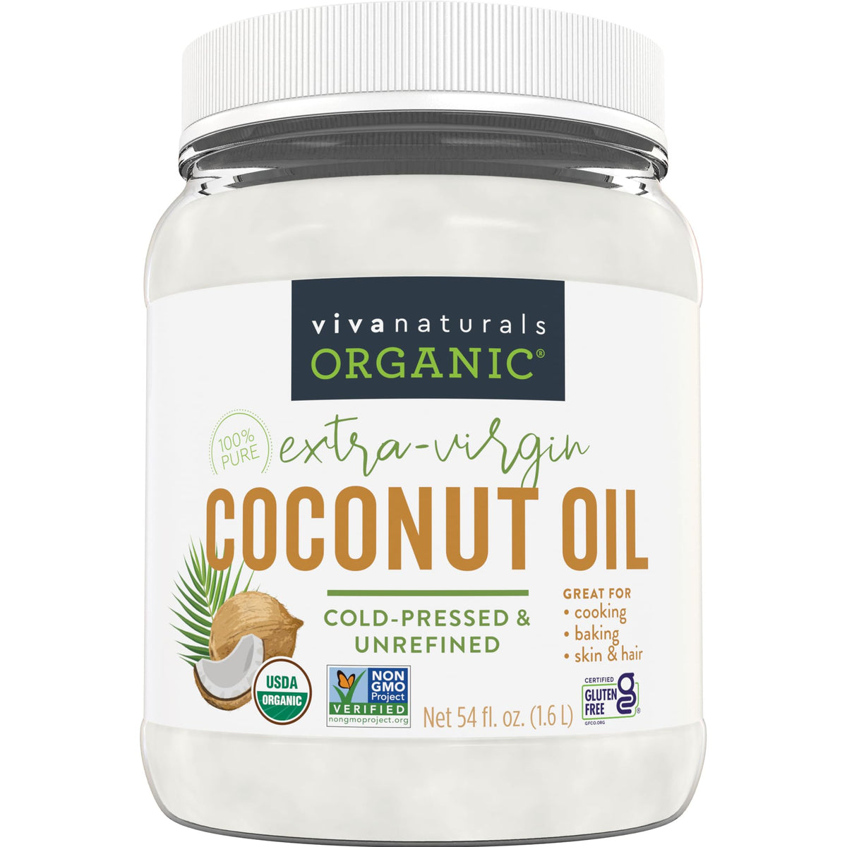 Viva Naturals Organic Coconut Oil, 54 fl oz – Unrefined, Cold-Pressed Extra Virgin Coconut Oil, USDA Organic & Non-GMO