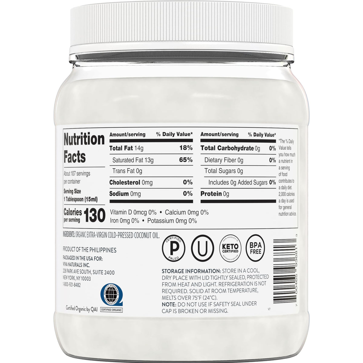 Viva Naturals Organic Coconut Oil, 54 fl oz – Unrefined, Cold-Pressed Extra Virgin Coconut Oil, USDA Organic & Non-GMO