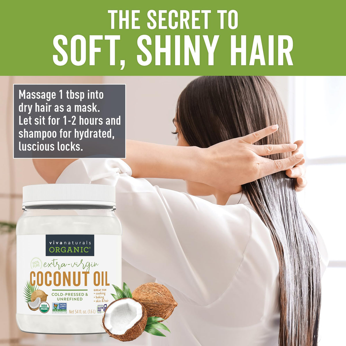 Viva Naturals Organic Coconut Oil, 54 fl oz – Unrefined, Cold-Pressed Extra Virgin Coconut Oil, USDA Organic & Non-GMO
