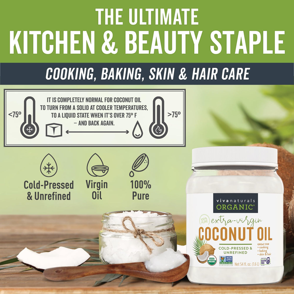 Viva Naturals Organic Coconut Oil, 54 fl oz – Unrefined, Cold-Pressed Extra Virgin Coconut Oil, USDA Organic & Non-GMO