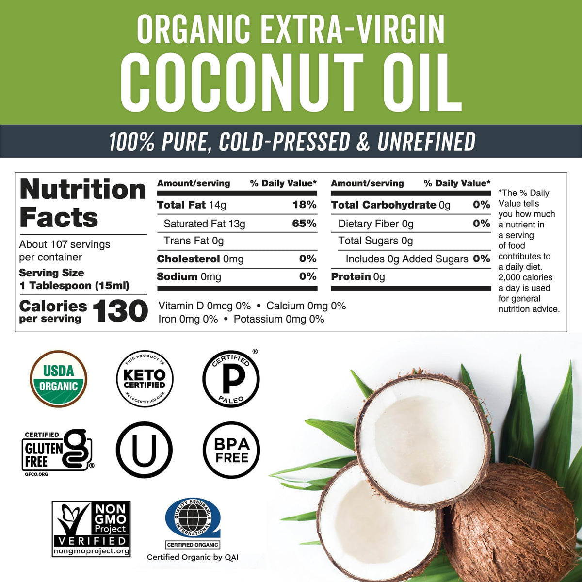 Viva Naturals Organic Coconut Oil, 54 fl oz – Unrefined, Cold-Pressed Extra Virgin Coconut Oil, USDA Organic & Non-GMO