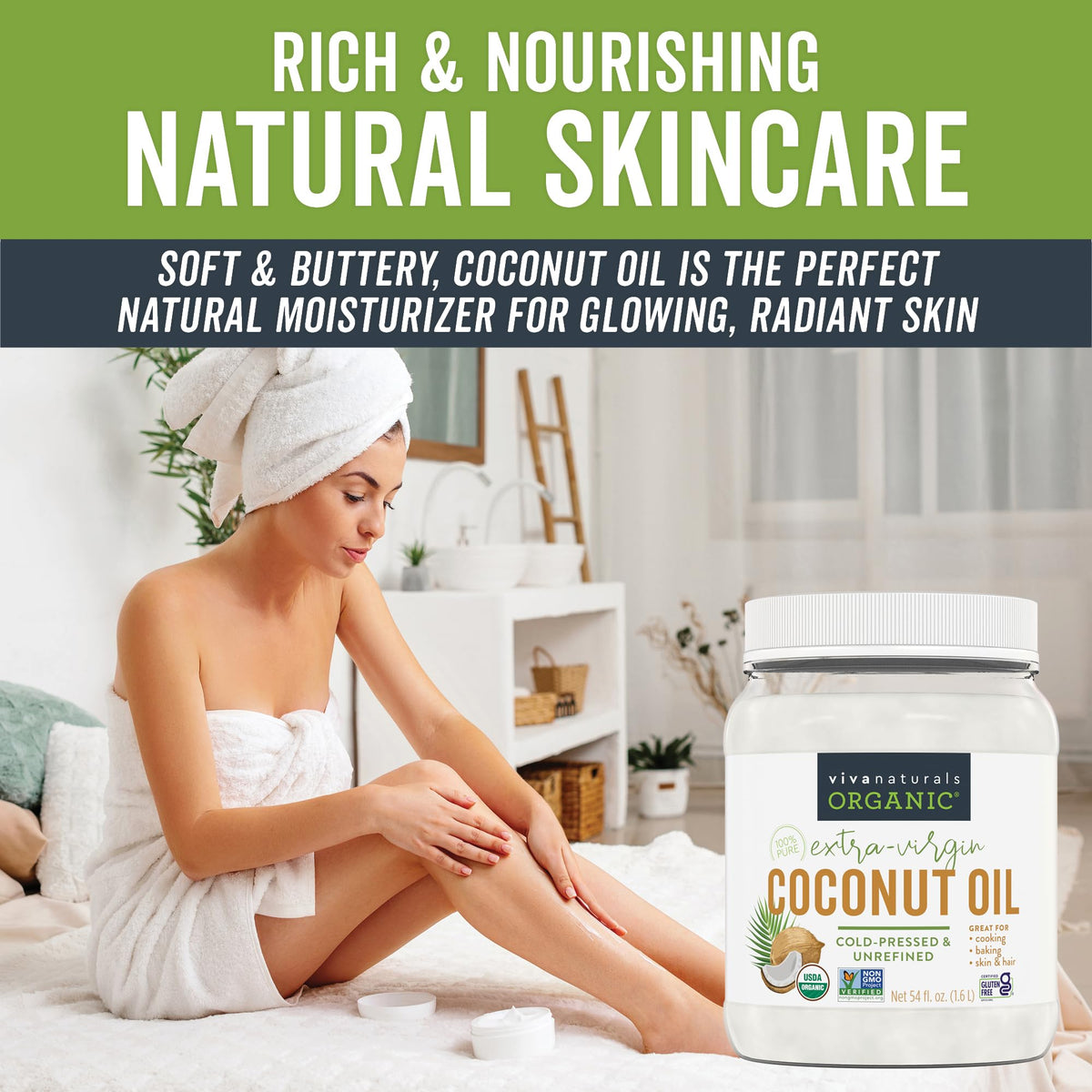 Viva Naturals Organic Coconut Oil, 54 fl oz – Unrefined, Cold-Pressed Extra Virgin Coconut Oil, USDA Organic & Non-GMO