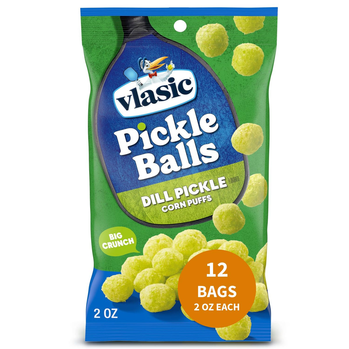 Vlasic Pickle Balls Dill Pickle Flavored Corn Puffs – 2 oz Bags, 12 Pack, Gluten-Free On-The-Go Snack