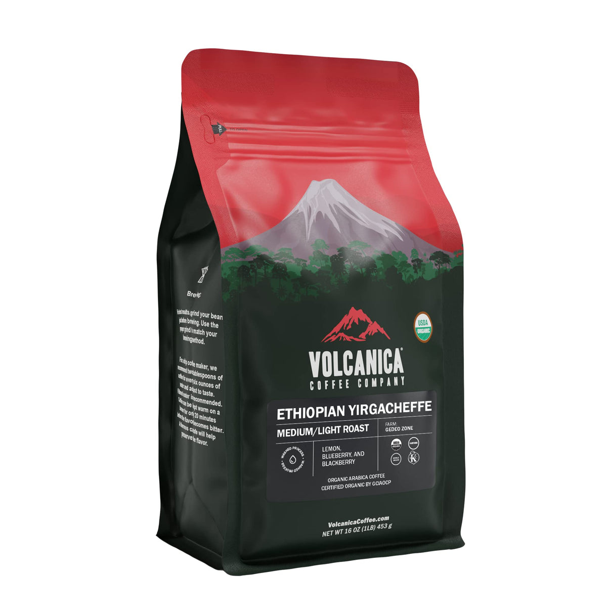 Volcanica Coffee: Ethiopian Yirgacheffe - Whole Bean, USDA Organic, Kosher, Fresh Roasted 16 oz