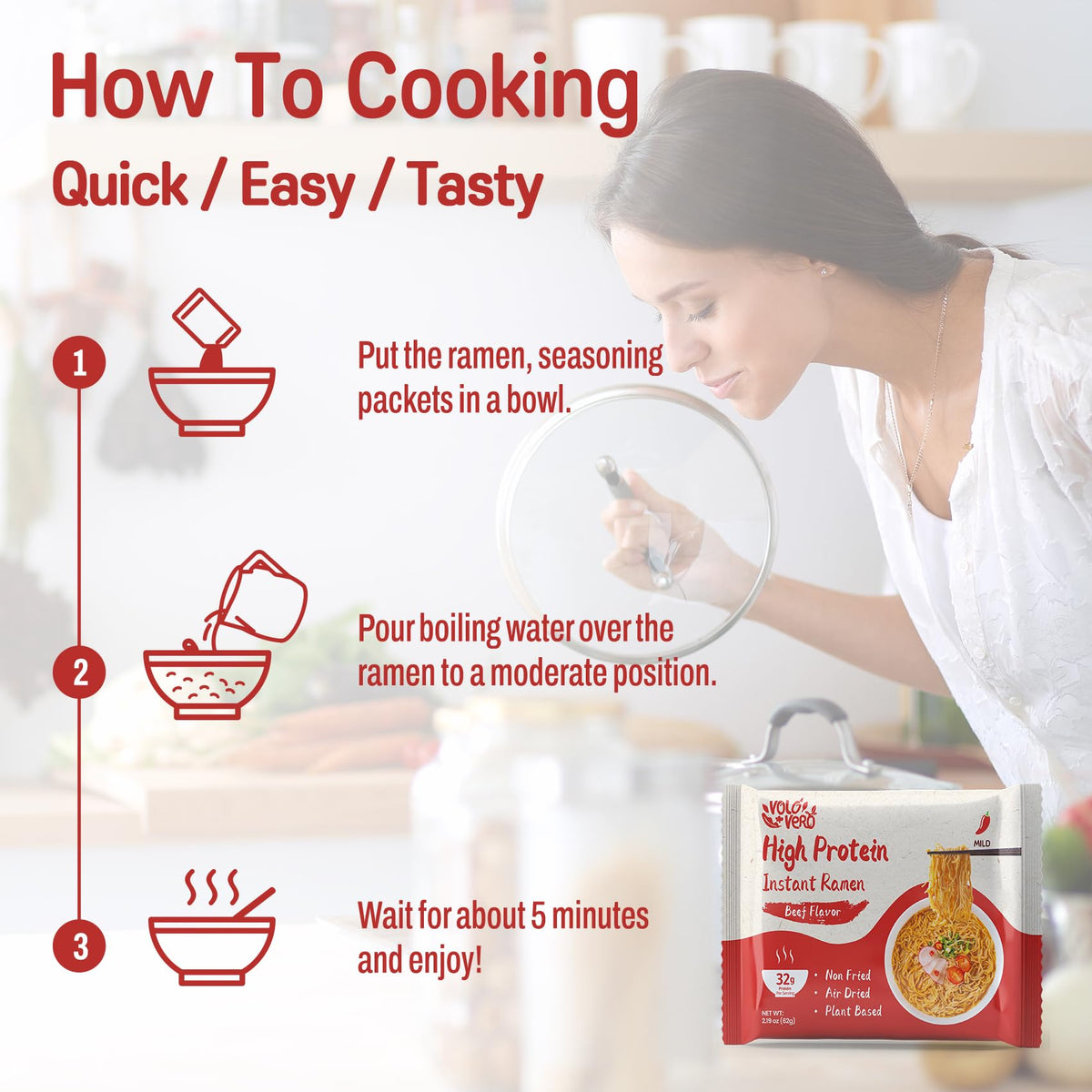 VOLO VERO Protein Ramen Spicy Beef — 32g Plant-Based Protein, 8-Pack