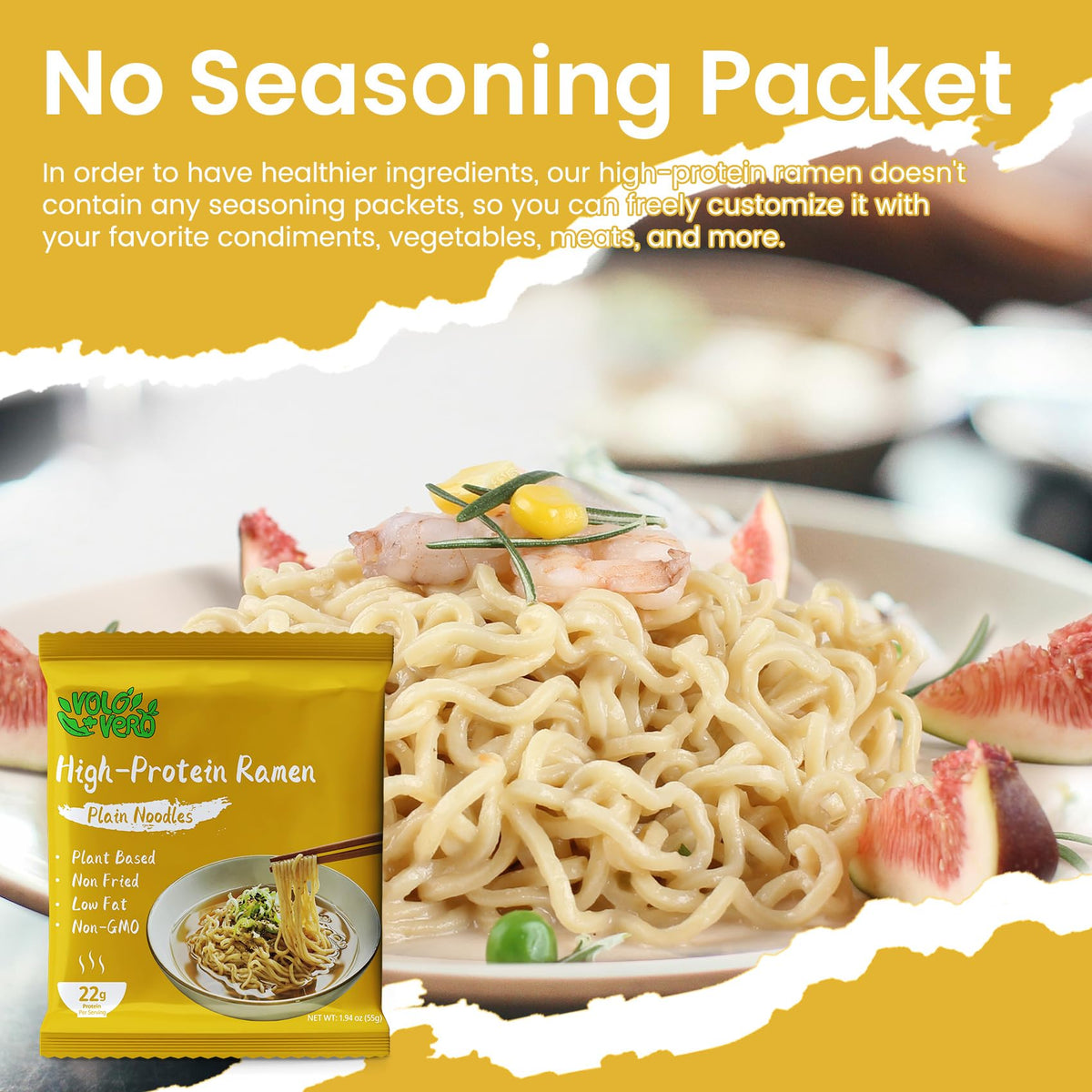 VOLO VERO Protein Ramen Plain Noodles — 22g Plant-Based High Protein, Non-Fried, 8 Pack