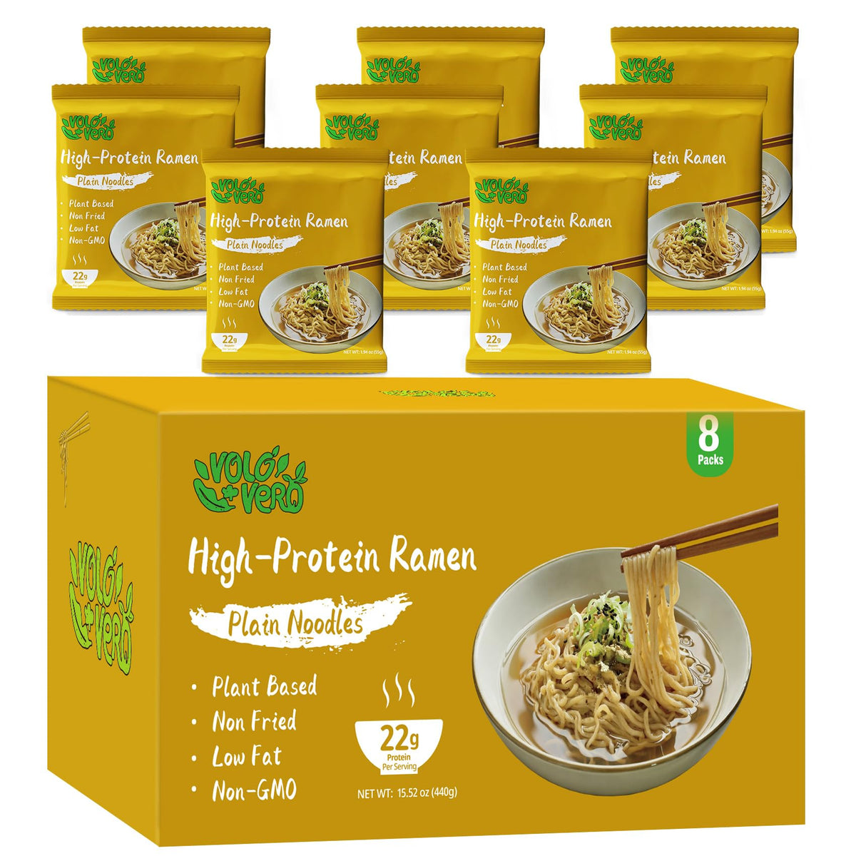 VOLO VERO Protein Ramen Plain Noodles — 22g Plant-Based High Protein, Non-Fried, 8 Pack
