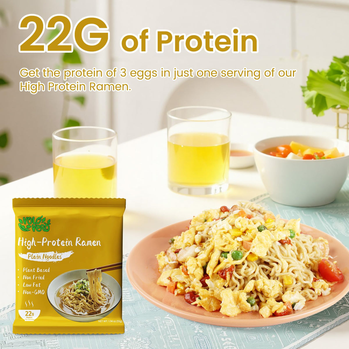 VOLO VERO Protein Ramen Plain Noodles — 22g Plant-Based High Protein, Non-Fried, 8 Pack