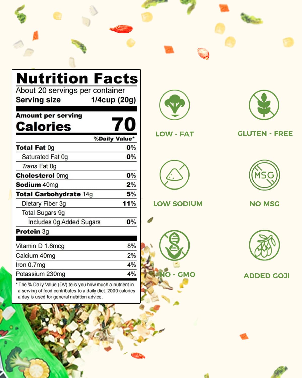 vSlice Dried Ramen Toppings – 12-Vegetable Blend with Goji & White Mushroom