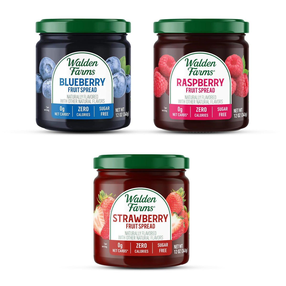 Walden Farms Fruit Spread Variety Pack – Zero Calorie, 0 Net Carbs, Keto-Friendly & Vegan (Blueberry, Raspberry & Strawberry, 3 x 12 oz)