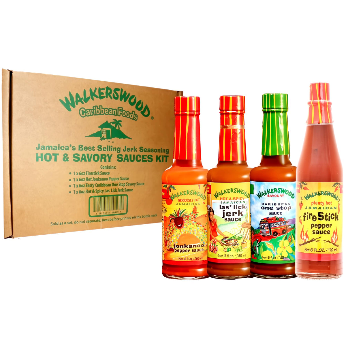 Walkerswood Hot & Savory Sauce Kit – Fire Stick, Hot JonKanoo, Zesty Caribbean One Stop, LasLick Jerk