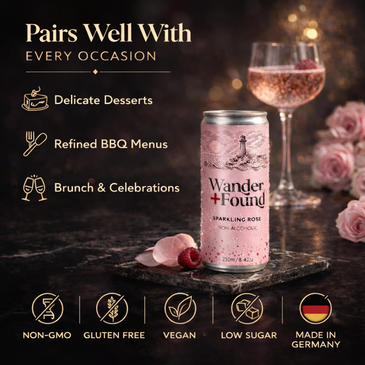 Wander + Found Non-Alcoholic Sparkling Wine Variety Pack – Rosé & Cuvée Blanc, Zero Proof 8.5 oz Cans (6 Pack)