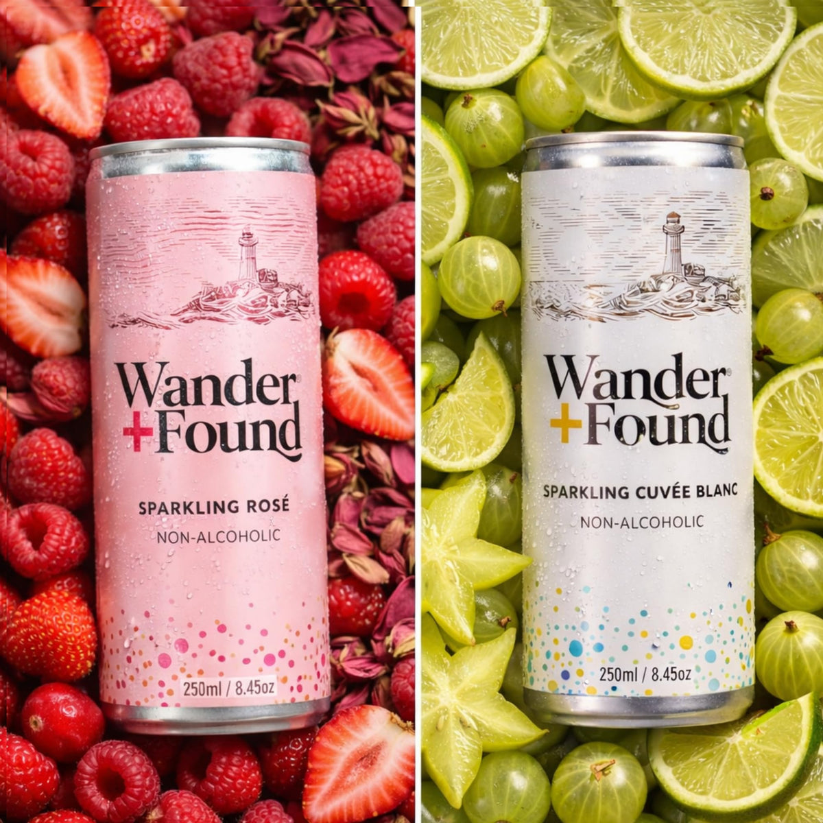 Wander + Found Non-Alcoholic Sparkling Wine Variety Pack – Rosé & Cuvée Blanc, Zero Proof 8.5 oz Cans (6 Pack)