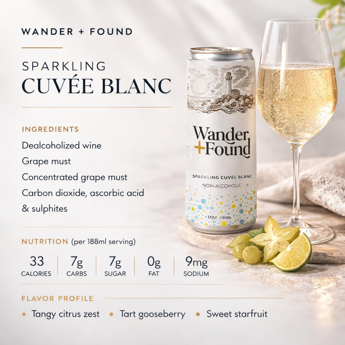 Wander + Found Non-Alcoholic Sparkling Wine Variety Pack – Rosé & Cuvée Blanc, Zero Proof 8.5 oz Cans (6 Pack)
