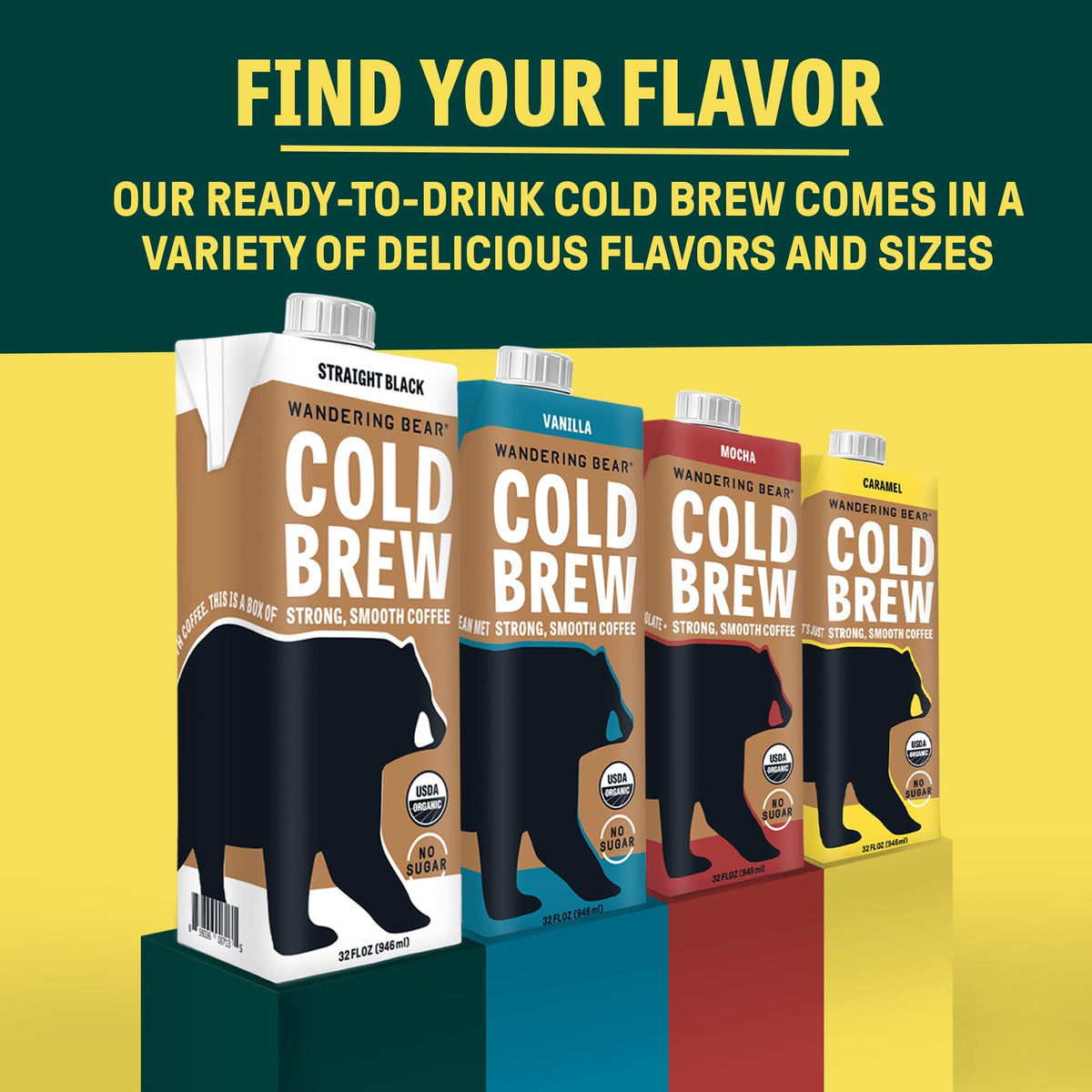 Wandering Bear Straight Black Organic Cold Brew Coffee — Extra Strong, Unsweetened, 32 oz Carton (3 Pack)