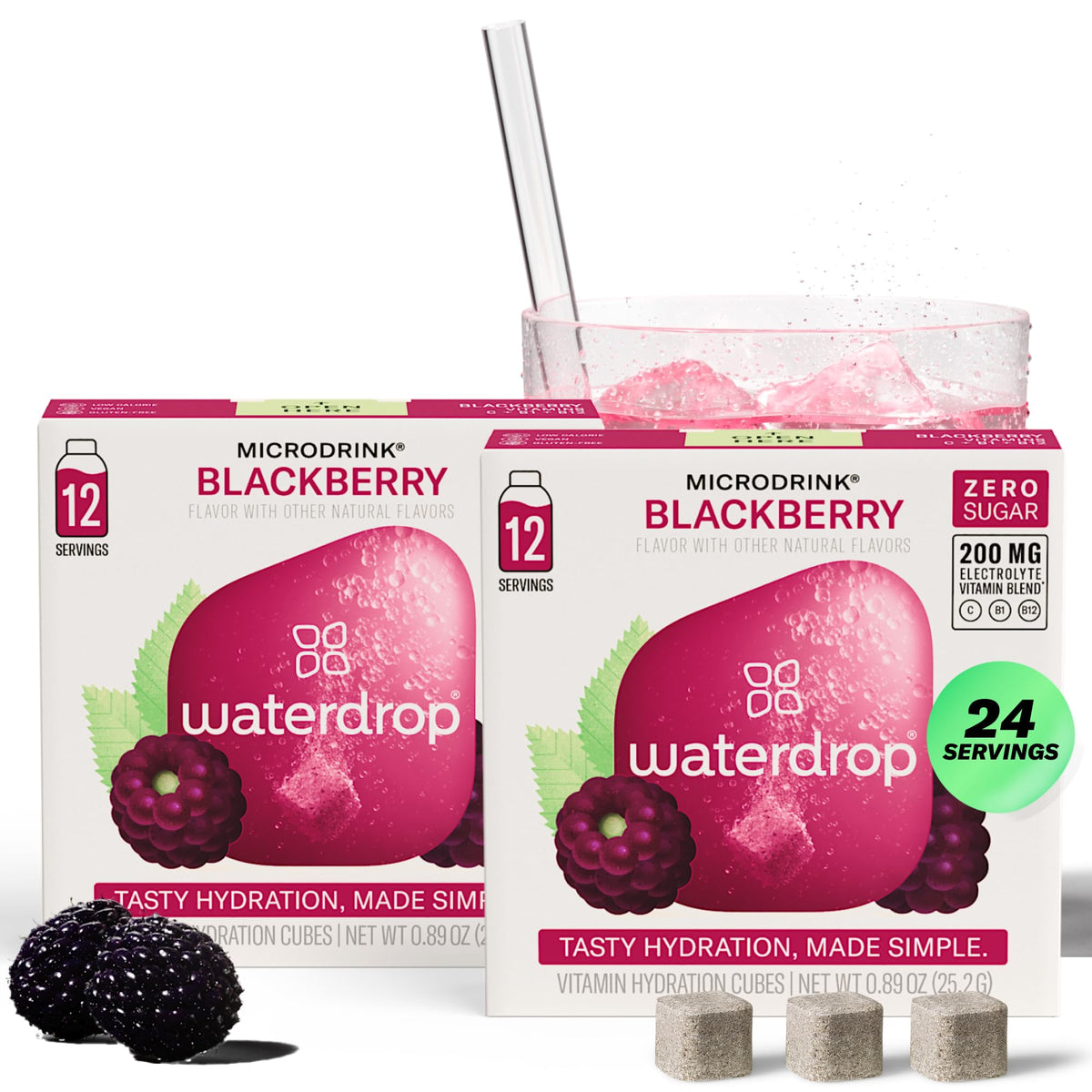 Waterdrop Hydration Cubes – Blackberry Flavor with Vitamin C, B3, B5 & Electrolytes (Sugar Free, Low Calorie, 24 Ct)