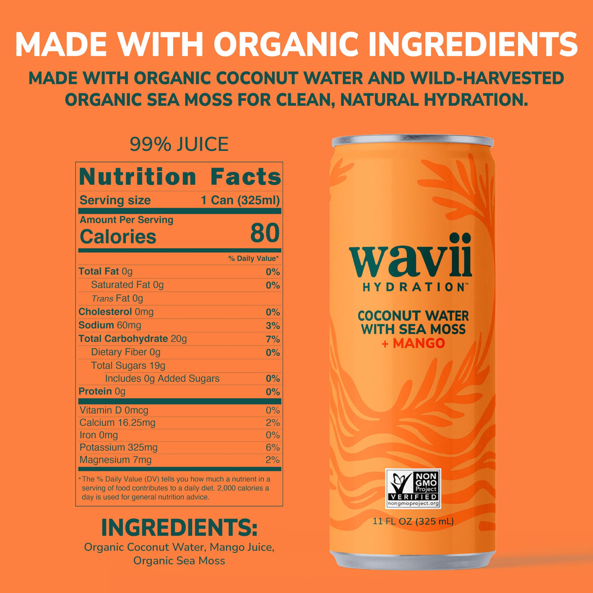 Wavii Coconut Water with Sea Moss + Mango, 12 Pack – Clean Hydration with Electrolytes & Ocean-Derived Minerals