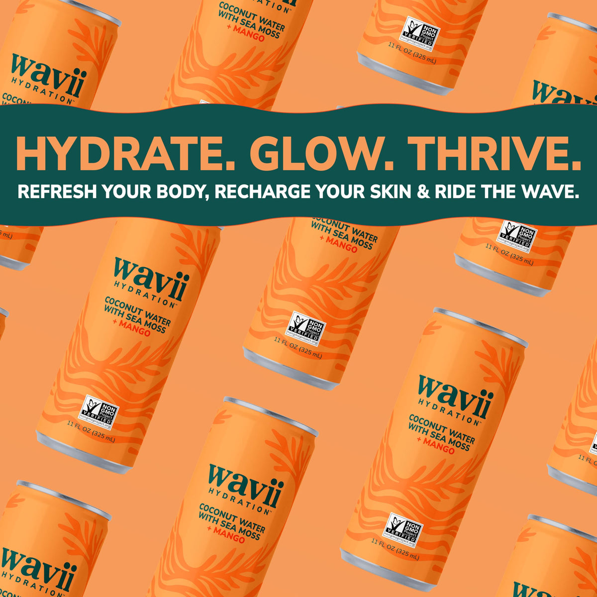 Wavii Coconut Water with Sea Moss + Mango, 12 Pack – Clean Hydration with Electrolytes & Ocean-Derived Minerals