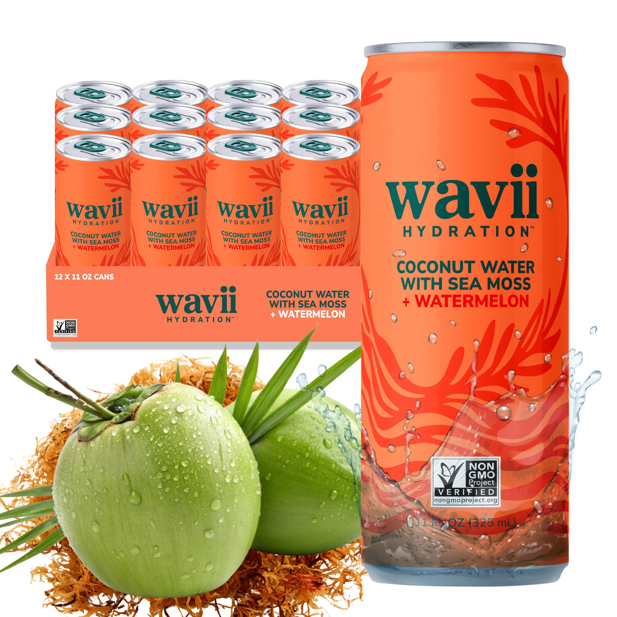 Wavii Coconut Water with Sea Moss + Watermelon | 12 Pack 11 fl oz | Clean Hydration with Electrolytes