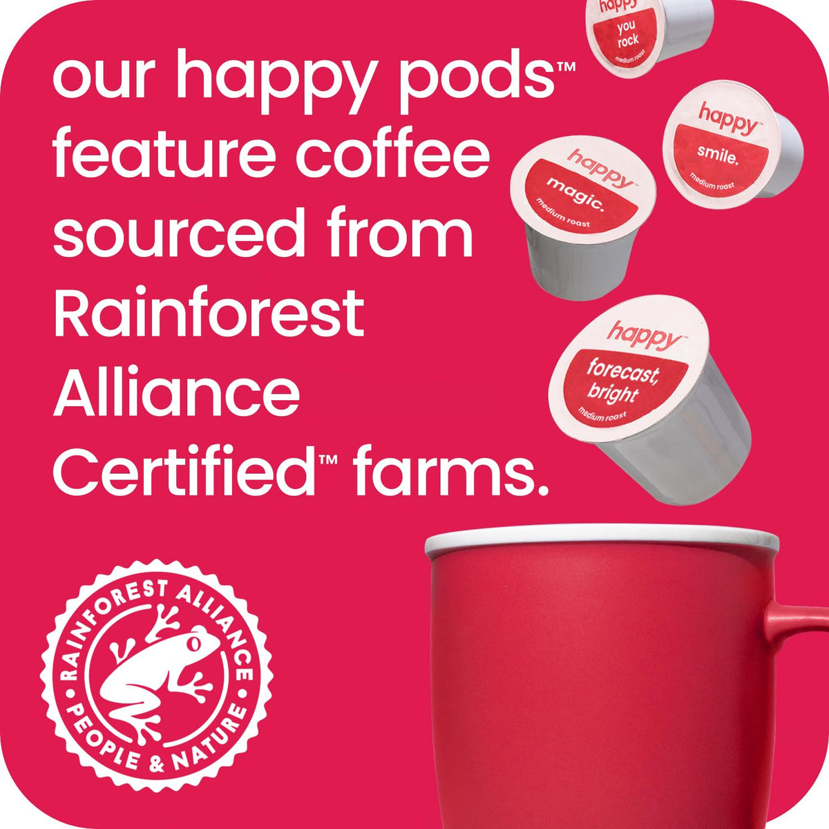 We Are Happy Happy Coffee Medium Roast Pods – 60 Count, Chocolate Notes, K-Cup Compatible, Rainforest Alliance Certified