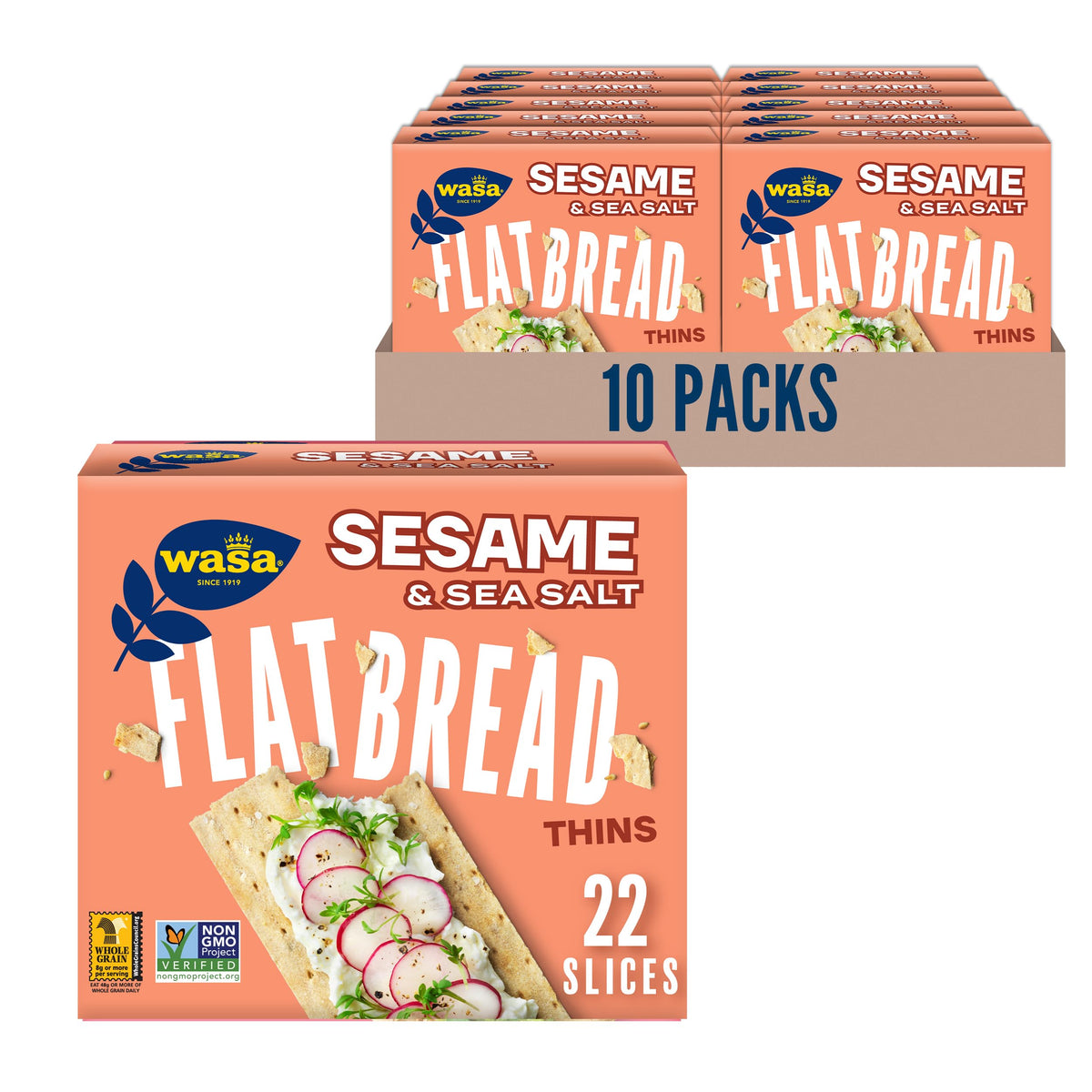 Wasa Sesame & Sea Salt Flatbread Thins – Pack of 10, Non-GMO
