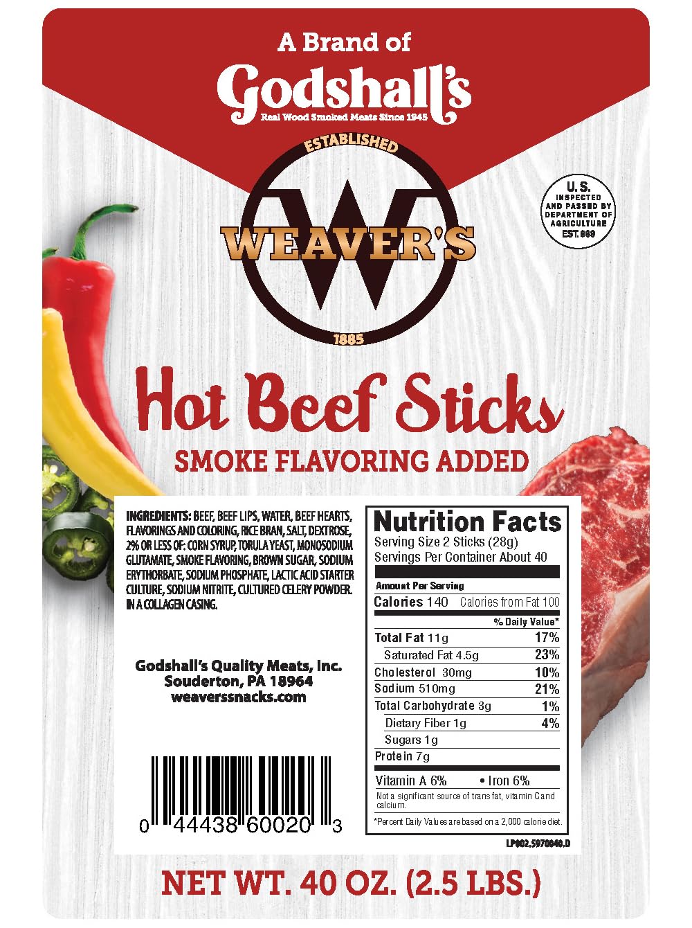 Weaver's Hot Beef Sticks – 80 Hot & Spicy 7\" Beef Sticks per 40oz Bag