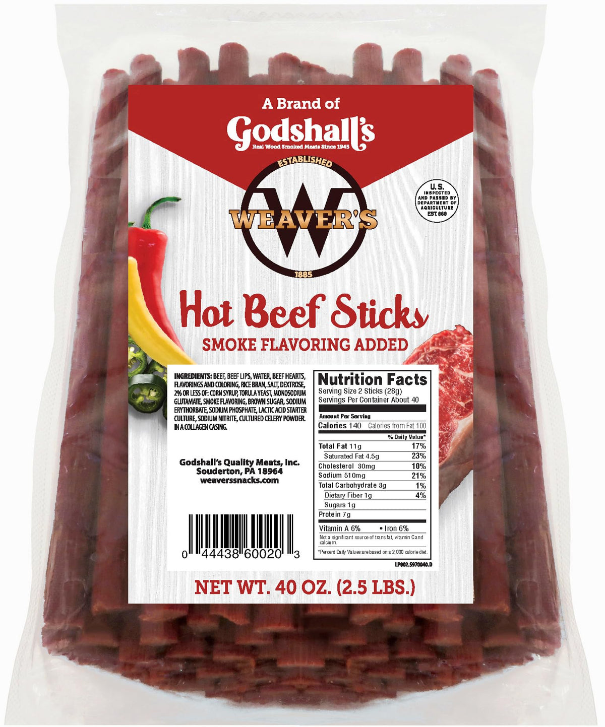 Weaver's Hot Beef Sticks – 80 Hot & Spicy 7\" Beef Sticks per 40oz Bag