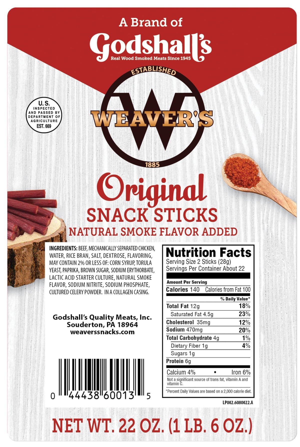 Weaver's Original Snack Sticks - 44 Mild 7-inch Beef & Chicken, 22oz