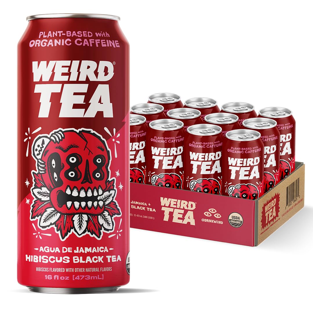 WEIRD Drink Weird Organic Agua de Jamaica Hibiscus Black Tea – 16oz Cans, 160mg Organic Caffeine, Pack of 12