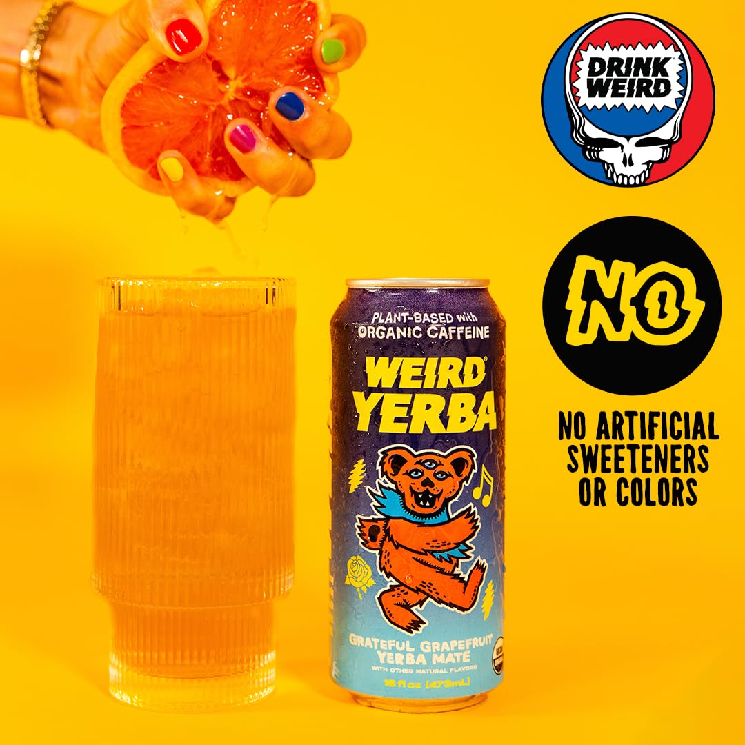 Drink Weird Organic Grateful Grapefruit Yerba Mate – 16oz Cans, 160mg Caffeine, 12 Pack, Grateful Dead Collab