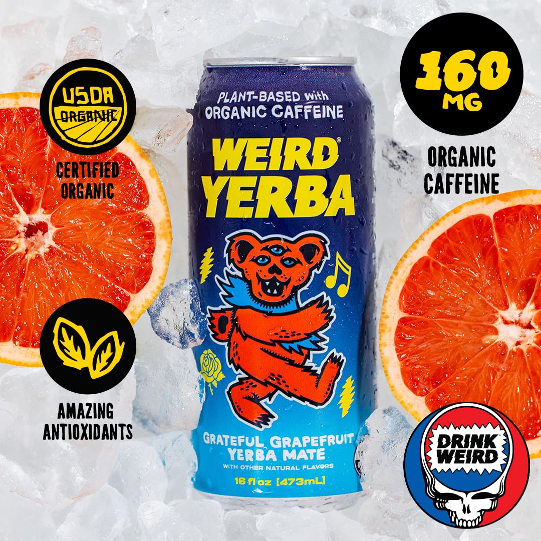 Drink Weird Organic Grateful Grapefruit Yerba Mate – 16oz Cans, 160mg Caffeine, 12 Pack, Grateful Dead Collab
